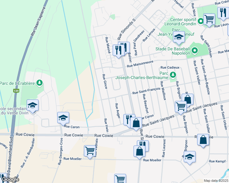 map of restaurants, bars, coffee shops, grocery stores, and more near 445 Carré Charlevoix in Granby