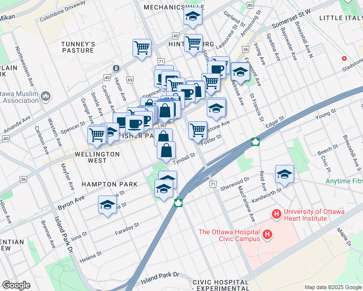 map of restaurants, bars, coffee shops, grocery stores, and more near 90 Hamilton Avenue North in Ottawa