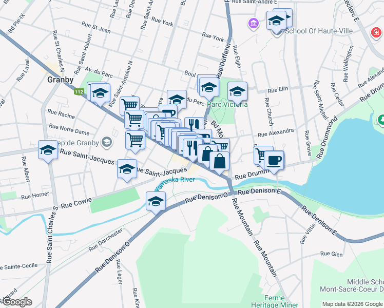 map of restaurants, bars, coffee shops, grocery stores, and more near 101 Rue Principale in Granby