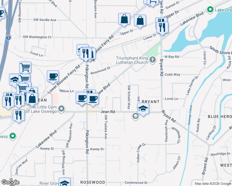 map of restaurants, bars, coffee shops, grocery stores, and more near 17646 Sydni Court in Lake Oswego