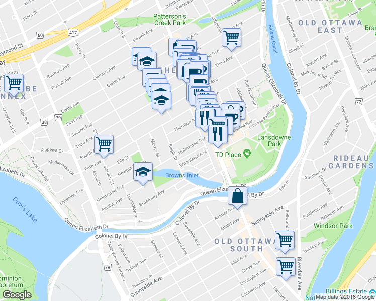 map of restaurants, bars, coffee shops, grocery stores, and more near 184 Holmwood Avenue in Ottawa
