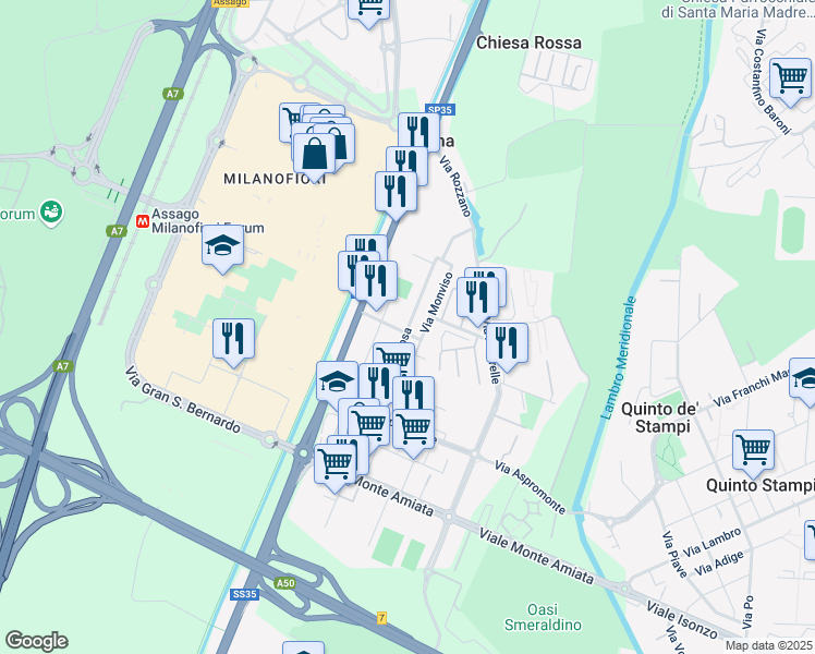 map of restaurants, bars, coffee shops, grocery stores, and more near 64 Via Monte Rosa in Rozzano