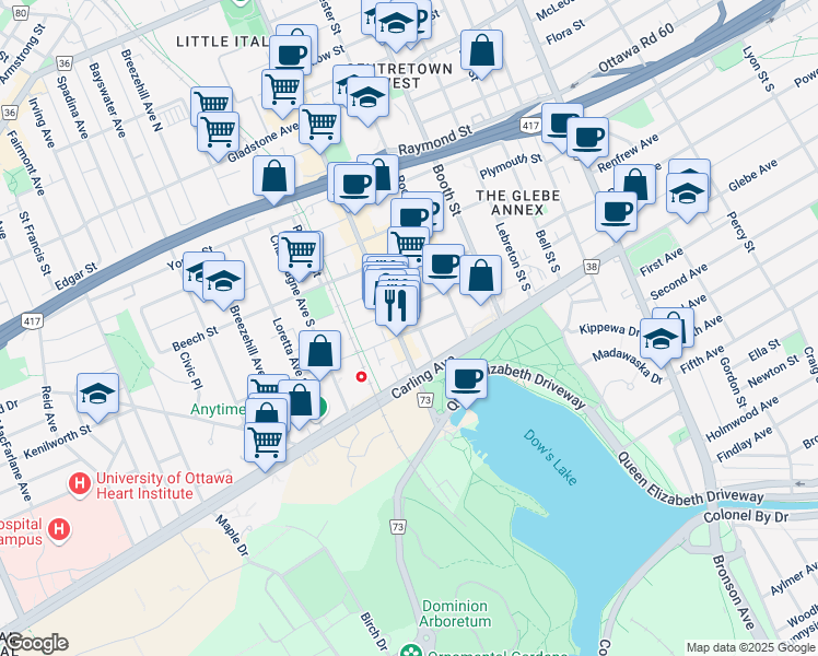 map of restaurants, bars, coffee shops, grocery stores, and more near in Ottawa