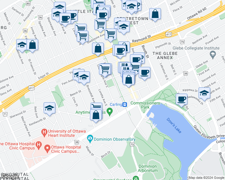 map of restaurants, bars, coffee shops, grocery stores, and more near in Ottawa