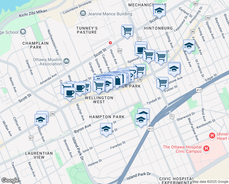 map of restaurants, bars, coffee shops, grocery stores, and more near 1285 Wellington Street West in Ottawa