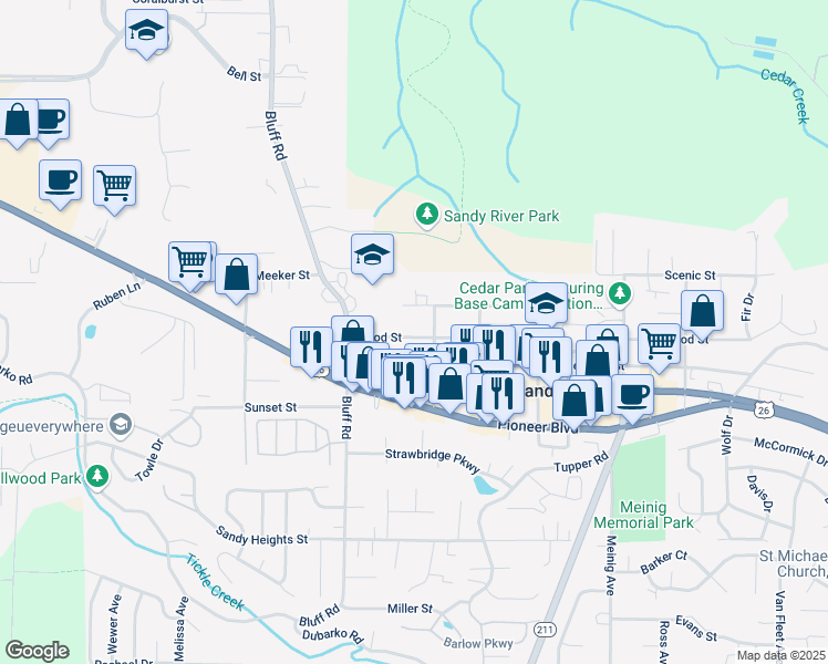 map of restaurants, bars, coffee shops, grocery stores, and more near 38457 Hood Street in Sandy