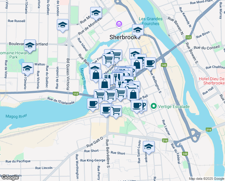 map of restaurants, bars, coffee shops, grocery stores, and more near 380 Rue King Ouest in Sherbrooke