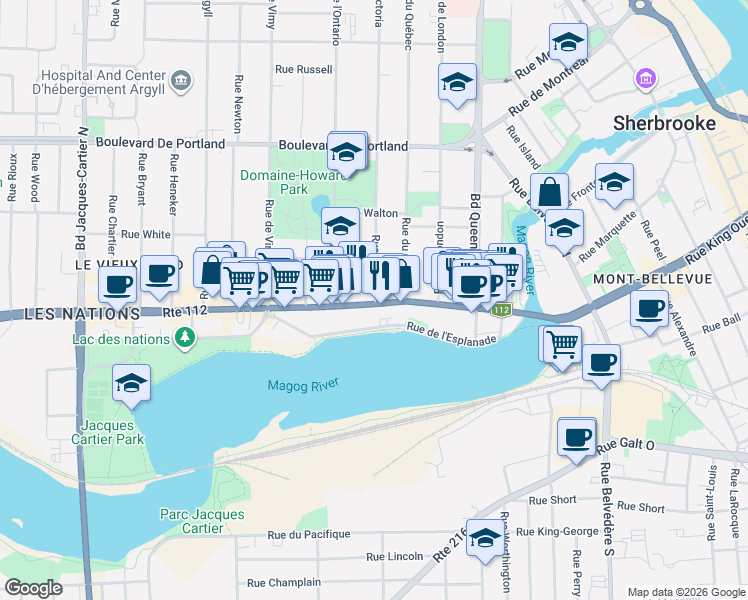 map of restaurants, bars, coffee shops, grocery stores, and more near 1165 Rue King Ouest in Sherbrooke
