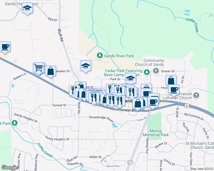 map of restaurants, bars, coffee shops, grocery stores, and more near 38565 Hood Street in Sandy
