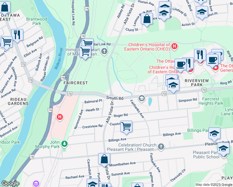 map of restaurants, bars, coffee shops, grocery stores, and more near 255 Smyth Road in Ottawa