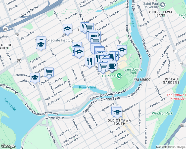 map of restaurants, bars, coffee shops, grocery stores, and more near 178 Holmwood Avenue in Ottawa
