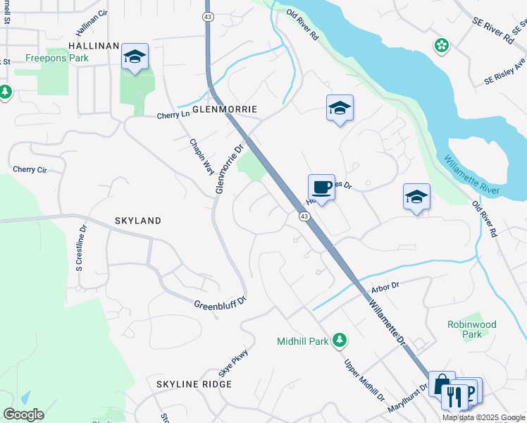 map of restaurants, bars, coffee shops, grocery stores, and more near 2317 Stonehurst Court in Lake Oswego