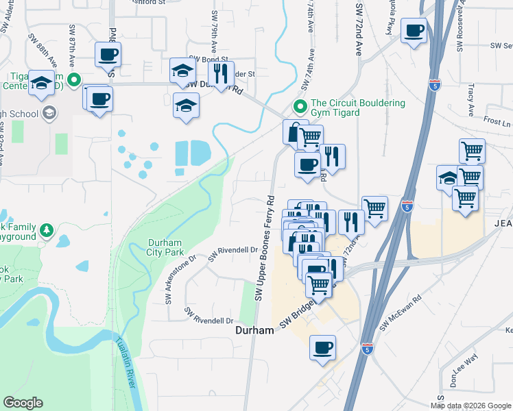 map of restaurants, bars, coffee shops, grocery stores, and more near 7616 Southwest Afton Lane in Portland