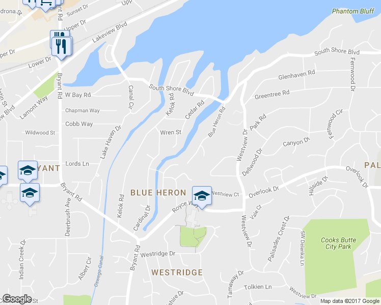 map of restaurants, bars, coffee shops, grocery stores, and more near 17555 Blue Heron Road in Lake Oswego