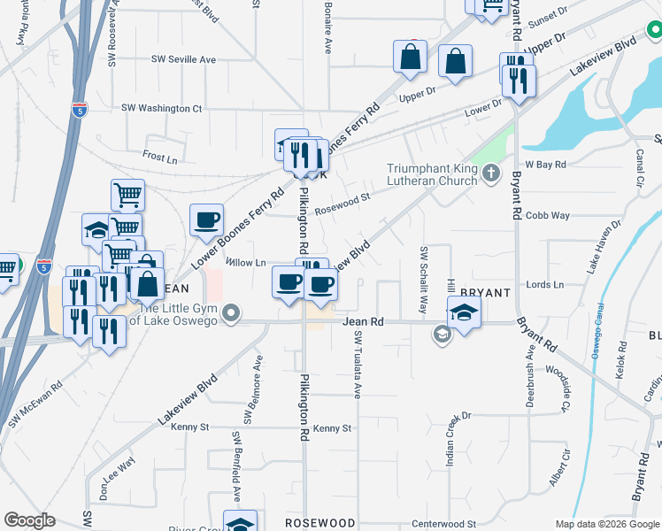 map of restaurants, bars, coffee shops, grocery stores, and more near 5318 Lakeview Boulevard in Lake Oswego