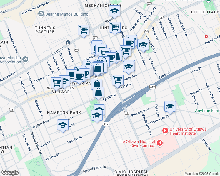 map of restaurants, bars, coffee shops, grocery stores, and more near 89 Hamilton Avenue North in Ottawa
