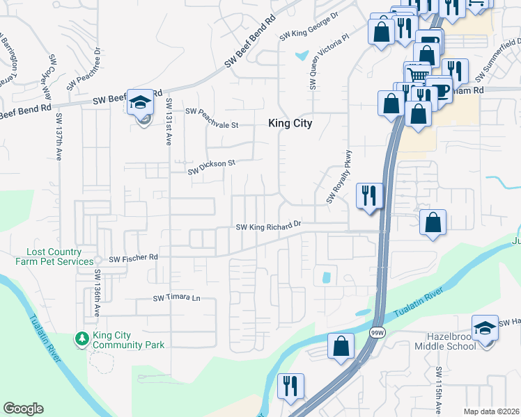 map of restaurants, bars, coffee shops, grocery stores, and more near 16695 Southwest Monaco Lane in Tigard