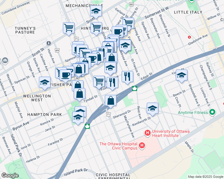 map of restaurants, bars, coffee shops, grocery stores, and more near 11b Sims Avenue in Ottawa