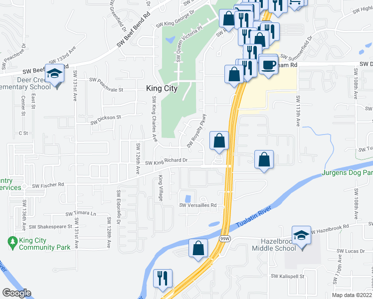 map of restaurants, bars, coffee shops, grocery stores, and more near 16780 Southwest Royalty Parkway in King City
