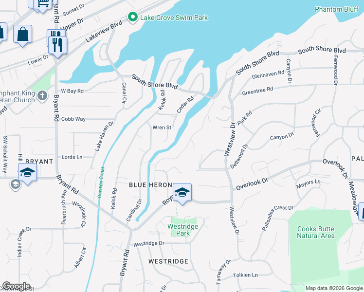 map of restaurants, bars, coffee shops, grocery stores, and more near 17555 Blue Heron Road in Lake Oswego