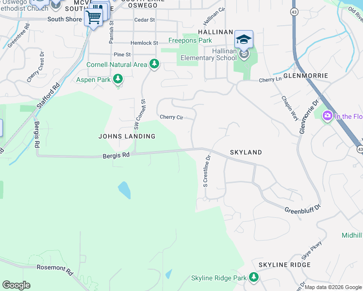 map of restaurants, bars, coffee shops, grocery stores, and more near 645 Bergis Road in Lake Oswego