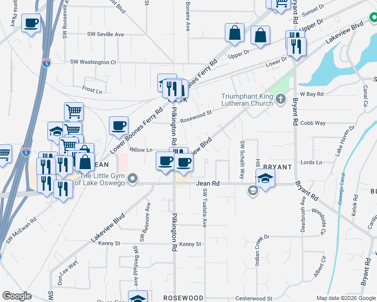 map of restaurants, bars, coffee shops, grocery stores, and more near 5318 Lakeview Boulevard in Lake Oswego