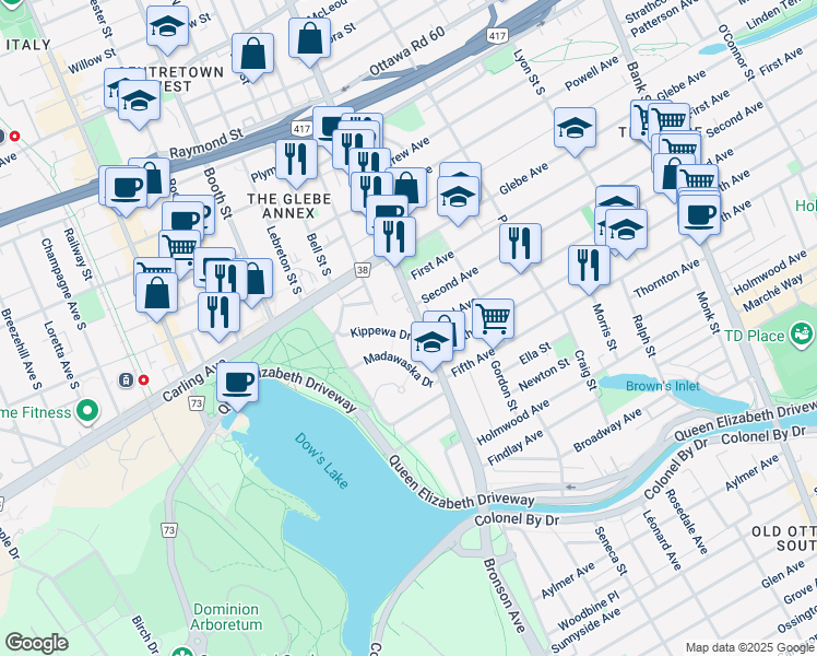map of restaurants, bars, coffee shops, grocery stores, and more near 7 Kippewa Drive in Ottawa