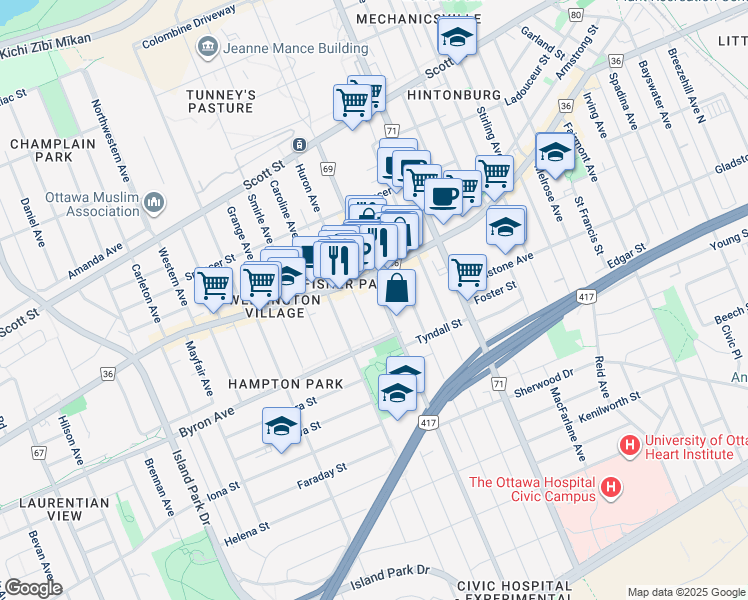 map of restaurants, bars, coffee shops, grocery stores, and more near 132 Holland Avenue in Ottawa