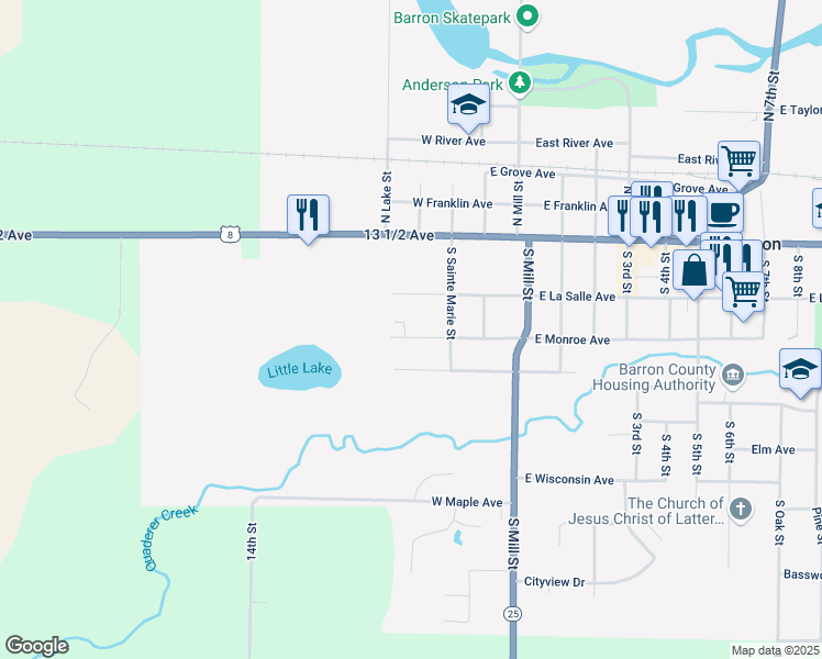 map of restaurants, bars, coffee shops, grocery stores, and more near 320 West La Salle Avenue in Barron