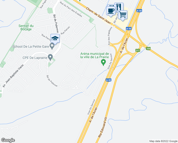 map of restaurants, bars, coffee shops, grocery stores, and more near 300 Rue du Petit-Coliade in La Prairie