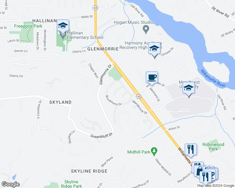map of restaurants, bars, coffee shops, grocery stores, and more near 2328 Oakhurst Lane in Lake Oswego