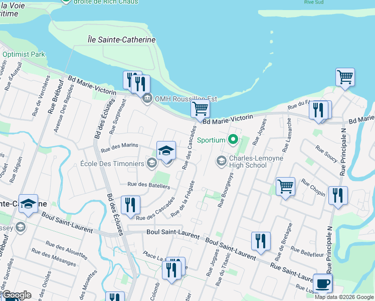 map of restaurants, bars, coffee shops, grocery stores, and more near 580 Rue des Cascades in Sainte-Catherine