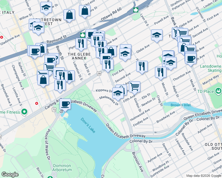 map of restaurants, bars, coffee shops, grocery stores, and more near 7 Kippewa Drive in Ottawa