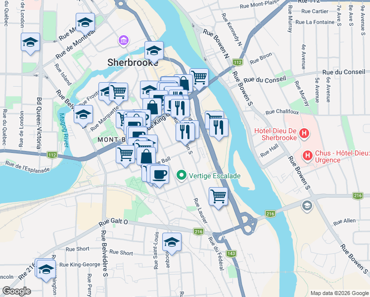 map of restaurants, bars, coffee shops, grocery stores, and more near 143 Rue Wellington Sud in Sherbrooke