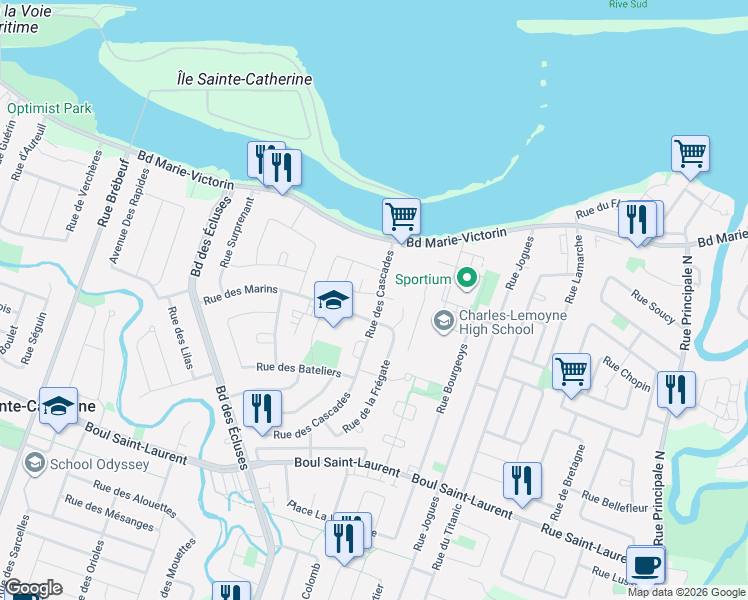 map of restaurants, bars, coffee shops, grocery stores, and more near 580 Rue des Cascades in Sainte-Catherine