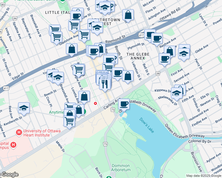 map of restaurants, bars, coffee shops, grocery stores, and more near 57 Adeline Street in Ottawa