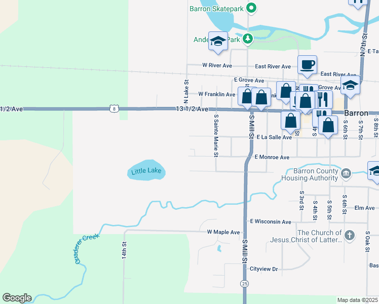map of restaurants, bars, coffee shops, grocery stores, and more near 320 West La Salle Avenue in Barron
