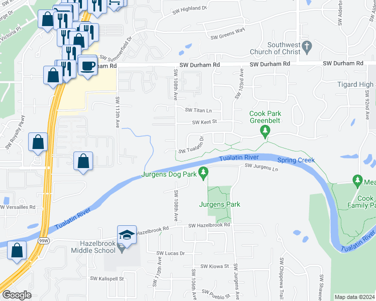 map of restaurants, bars, coffee shops, grocery stores, and more near Southwest Tualatin Drive in Tigard