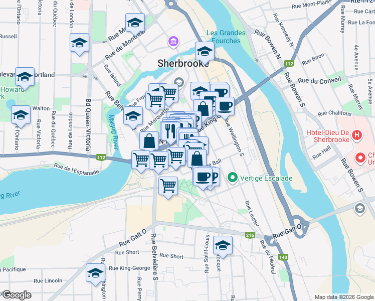 map of restaurants, bars, coffee shops, grocery stores, and more near 50 Rue Alexandre in Sherbrooke