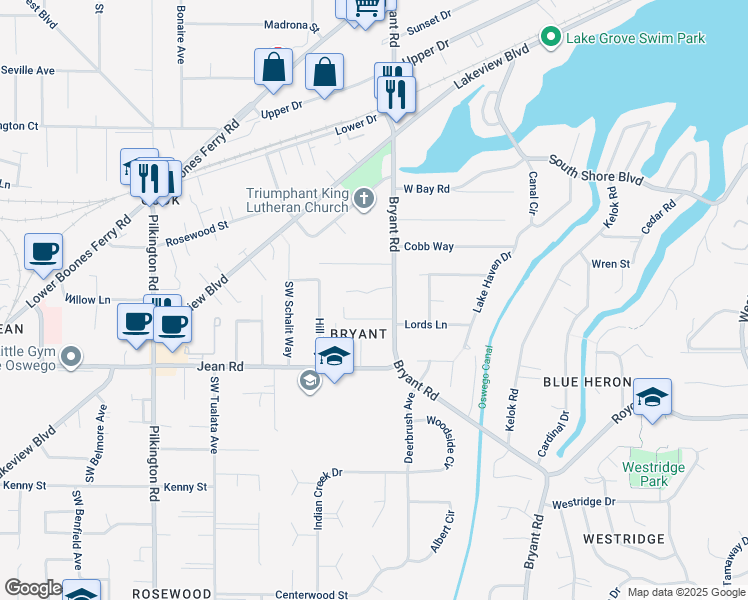 map of restaurants, bars, coffee shops, grocery stores, and more near 17503 Bryant Road in Lake Oswego