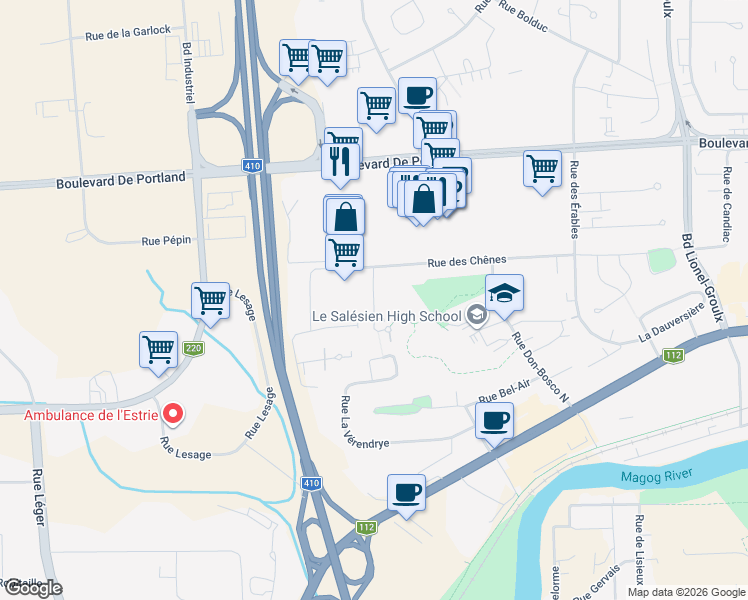 map of restaurants, bars, coffee shops, grocery stores, and more near Rue Landry in Sherbrooke