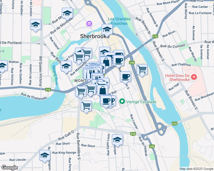 map of restaurants, bars, coffee shops, grocery stores, and more near 94 Rue Gillespie in Sherbrooke
