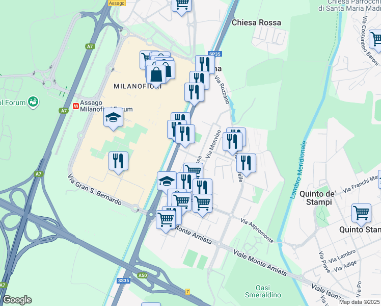 map of restaurants, bars, coffee shops, grocery stores, and more near 64 Via Monte Rosa in Rozzano