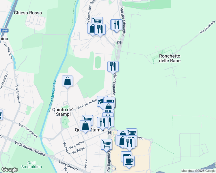 map of restaurants, bars, coffee shops, grocery stores, and more near 4D Via Franchi Maggi in Rozzano