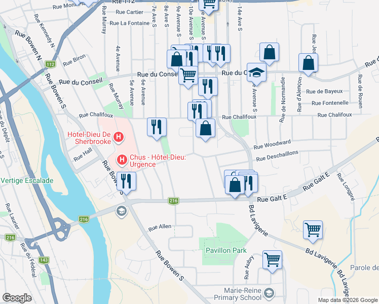 map of restaurants, bars, coffee shops, grocery stores, and more near 765 10e Avenue Sud in Sherbrooke