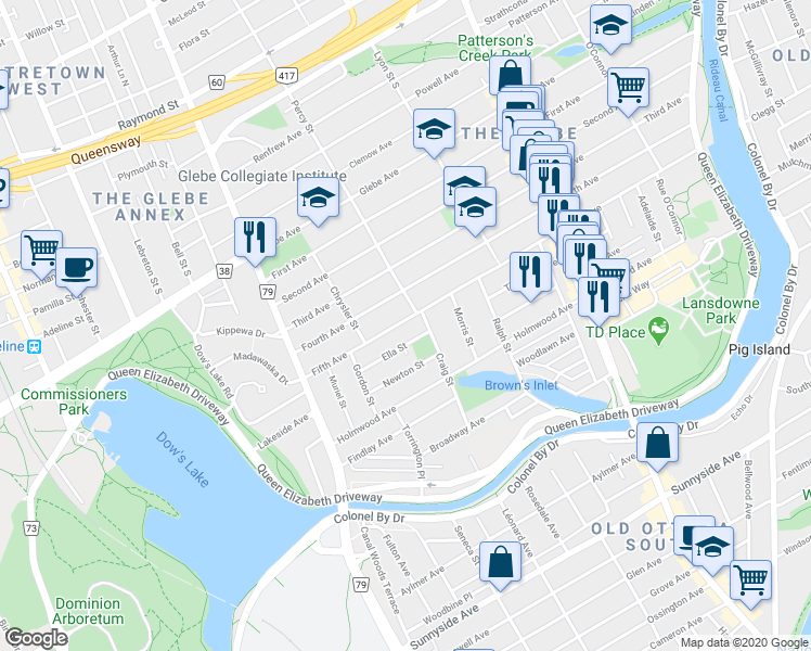 map of restaurants, bars, coffee shops, grocery stores, and more near 276 Fifth Avenue in Ottawa