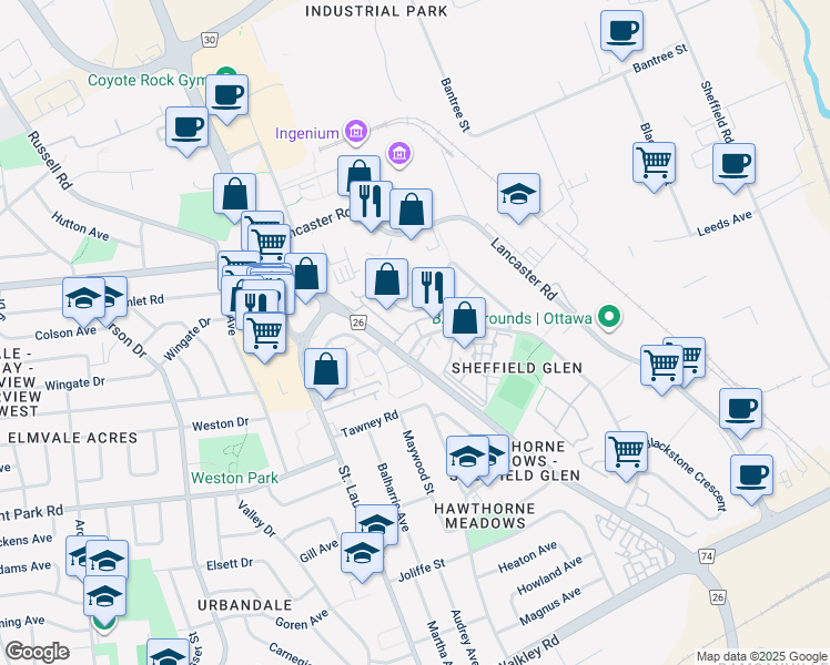 map of restaurants, bars, coffee shops, grocery stores, and more near 69 Southvale Crescent in Ottawa