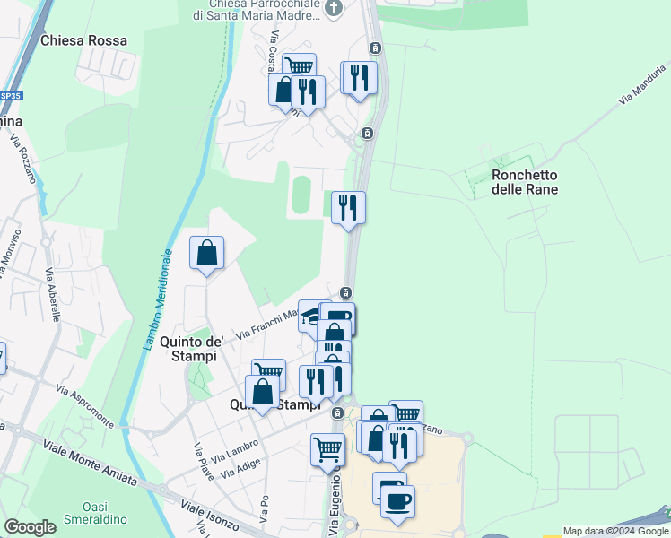 map of restaurants, bars, coffee shops, grocery stores, and more near 4D Via Franchi Maggi in Rozzano