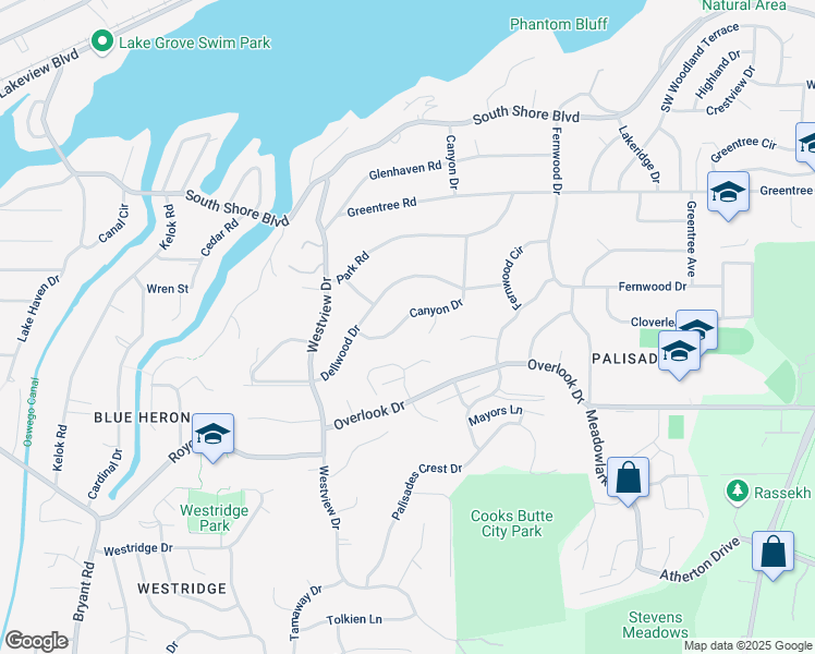 map of restaurants, bars, coffee shops, grocery stores, and more near 17360 Canyon Drive in Lake Oswego
