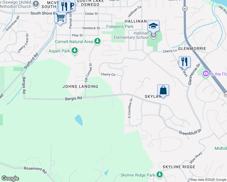 map of restaurants, bars, coffee shops, grocery stores, and more near 645 Bergis Road in Lake Oswego